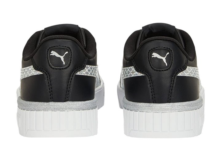 Tenis PUMA Carina 2.0 Mermaid JR en color negro con suela de plataforma blanca y detalles laterales en plata.