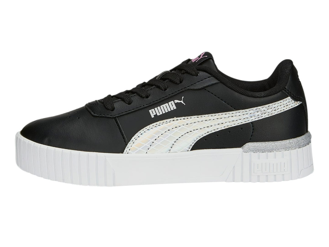 Tenis PUMA Carina 2.0 Mermaid JR en color negro con suela de plataforma blanca y detalles laterales en plata.