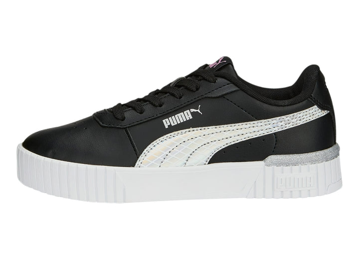Tenis PUMA Carina 2.0 Mermaid JR en color negro con suela de plataforma blanca y detalles laterales en plata.