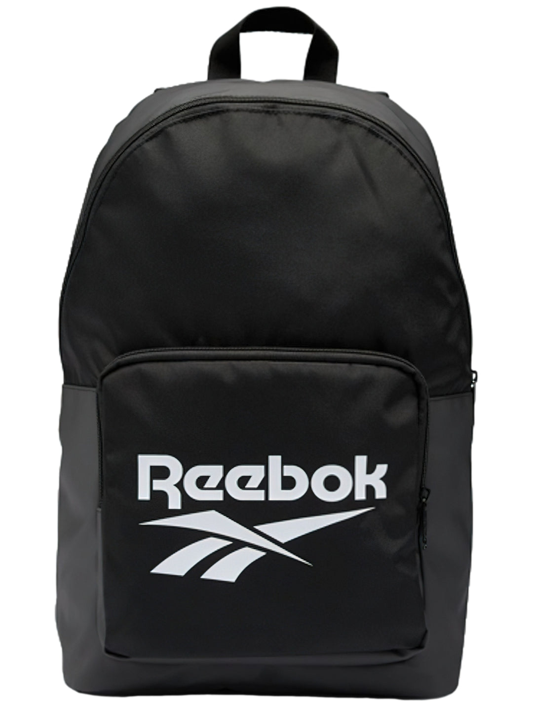 Mochila deportiva Reebok de color negro con logotipo blanco en el bolsillo frontal y asa superior.