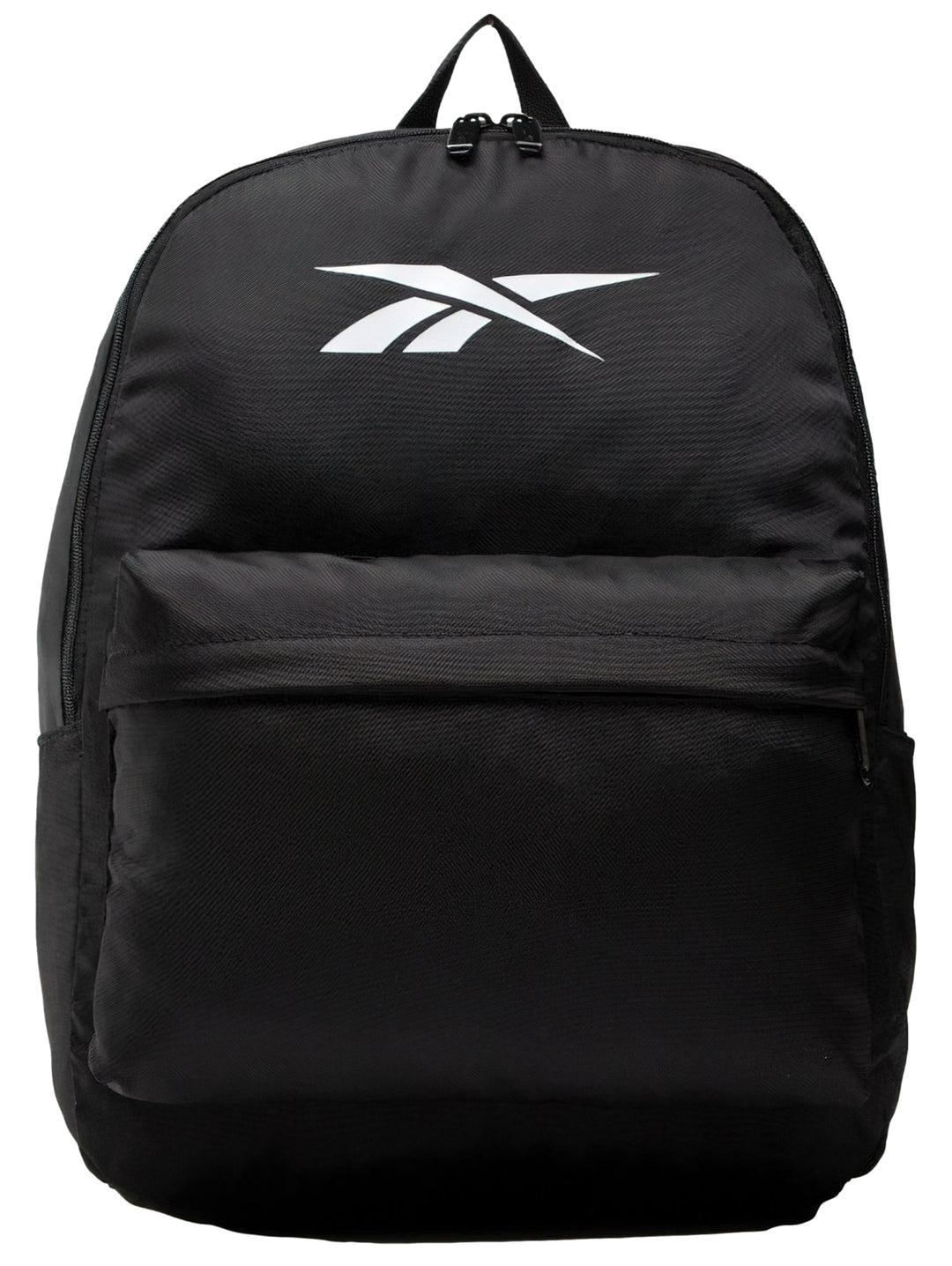 Mochila deportiva Reebok de color negro con logotipo blanco en el frente y un bolsillo exterior.