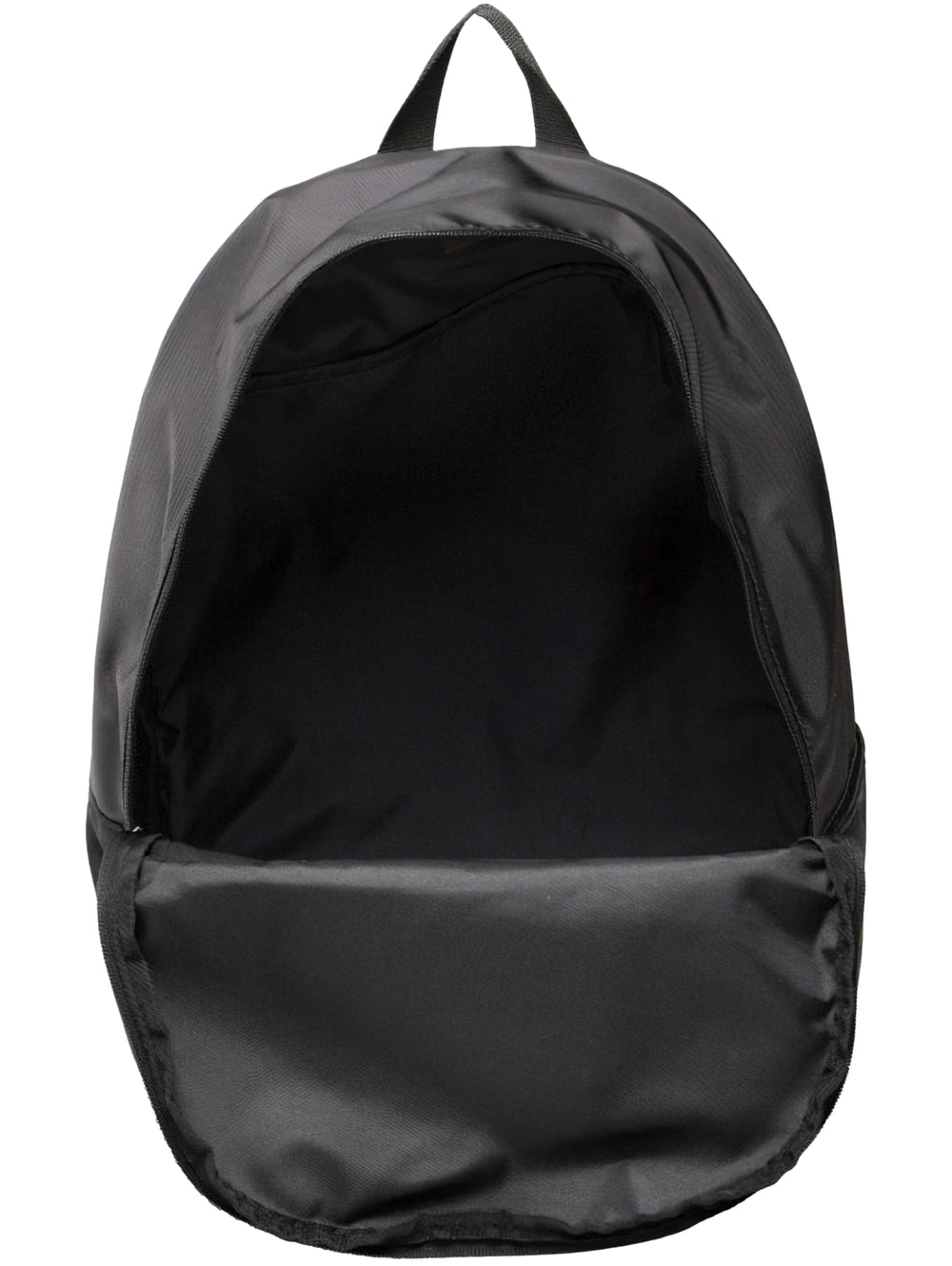 Mochila deportiva Reebok de color negro con logotipo blanco en el frente y un bolsillo exterior.