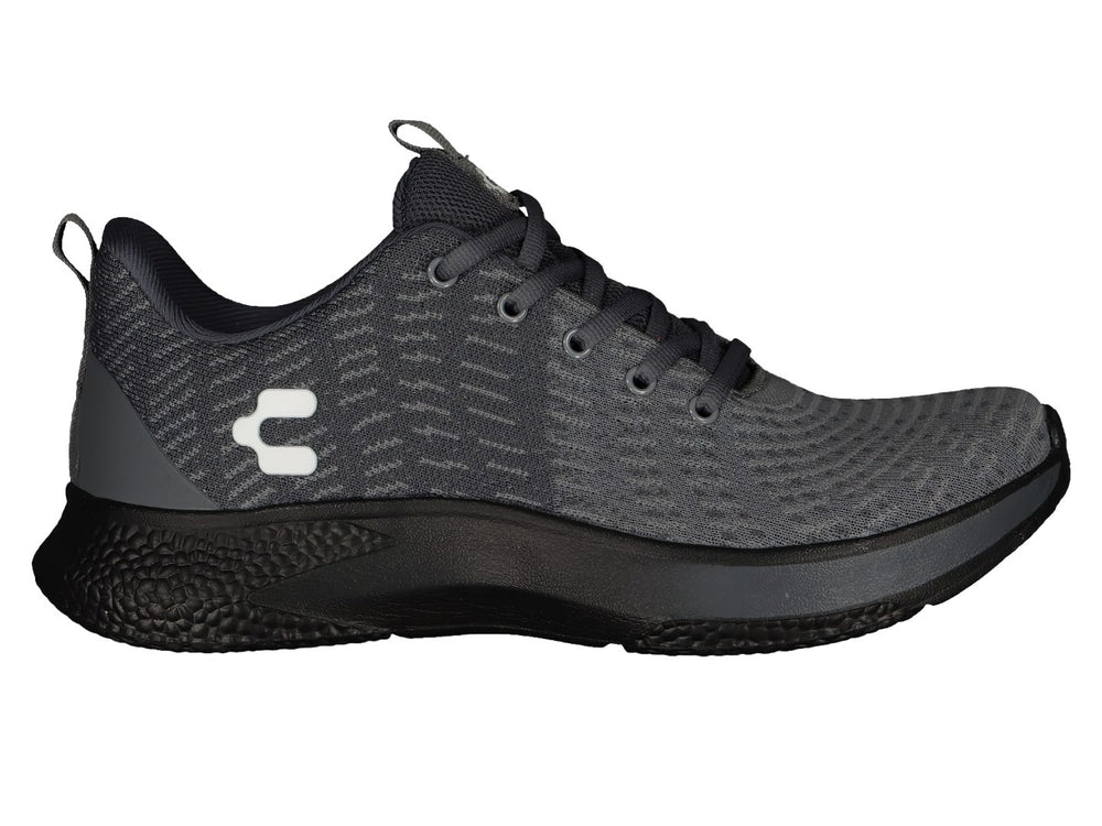 Tenis deportivos Charly color gris con suela negra y logotipo blanco lateral.