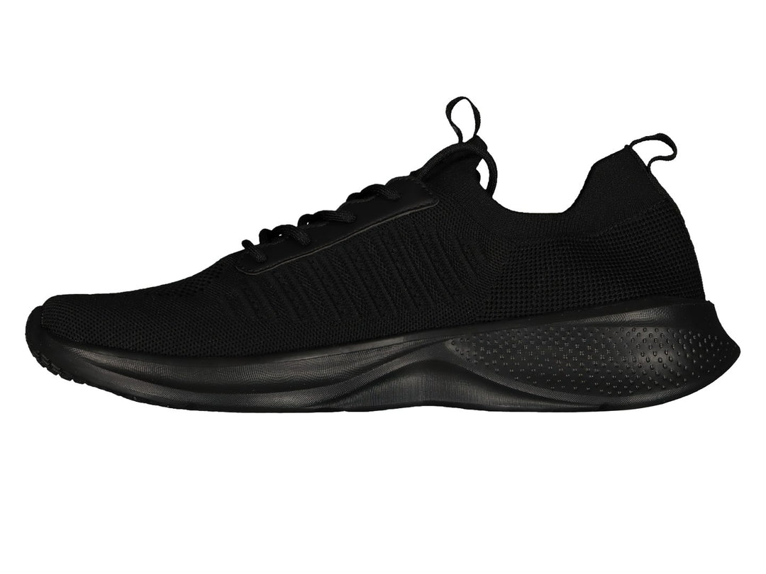 Par de tenis deportivos color negro con suela ligera y detalles en gris.