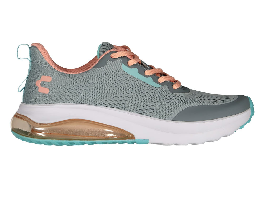 Tenis deportivos Charly color gris con detalles en coral y turquesa y suela blanca con cámara de aire.