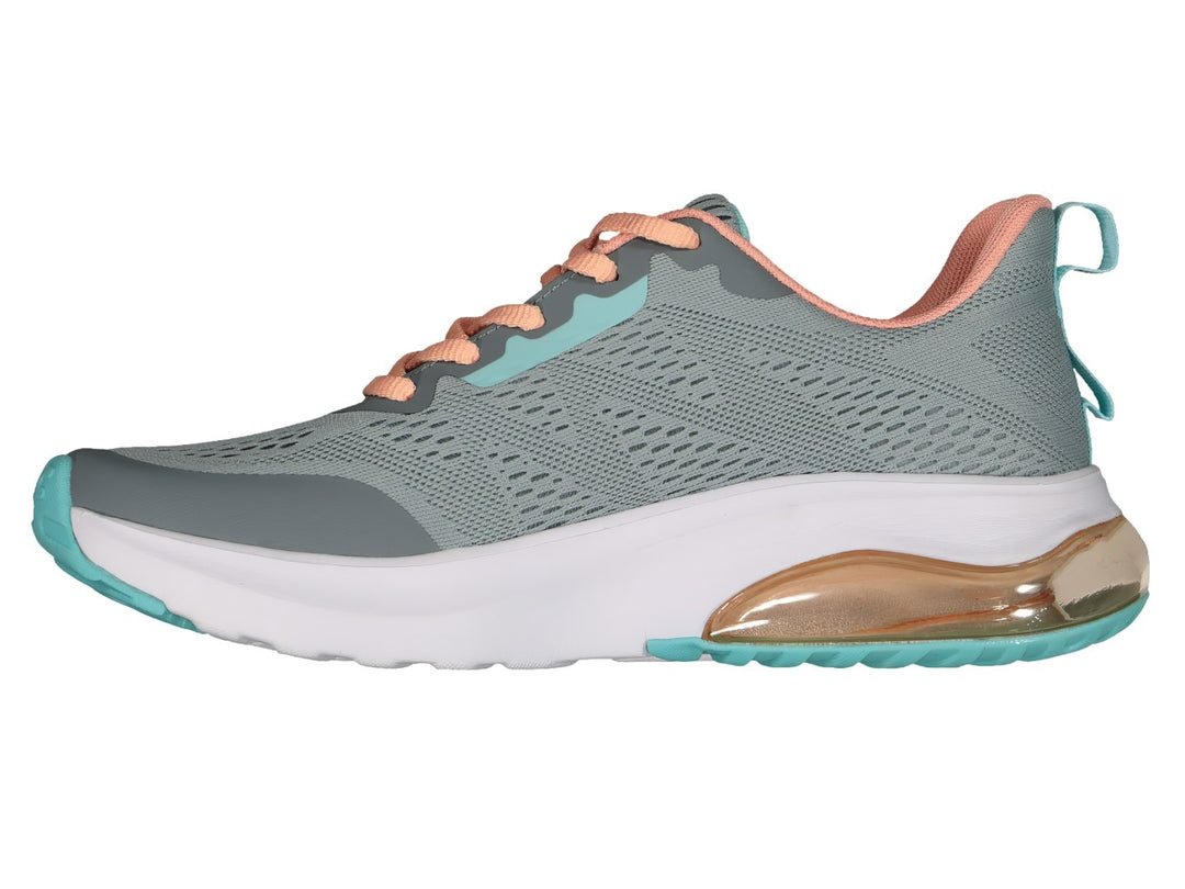 Tenis deportivos Charly color gris con detalles en coral y turquesa y suela blanca con cámara de aire.
