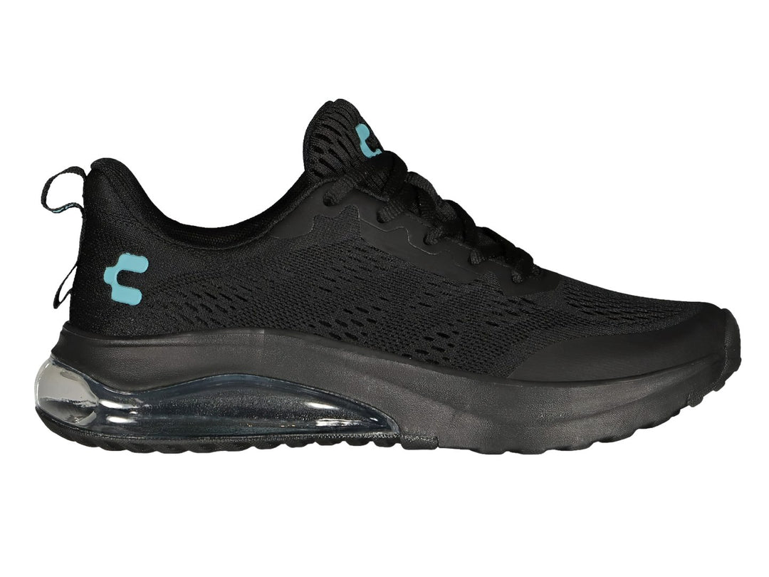 Tenis deportivos Charly color negro con detalles aqua y suela con cámara de aire transparente.