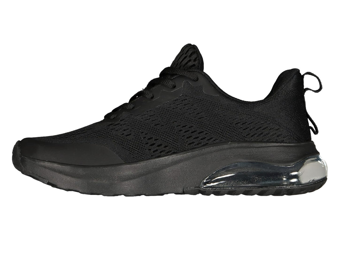 Tenis deportivos Charly color negro con detalles aqua y suela con cámara de aire transparente.
