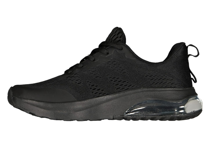 Tenis deportivos Charly color negro con detalles aqua y suela con cámara de aire transparente.