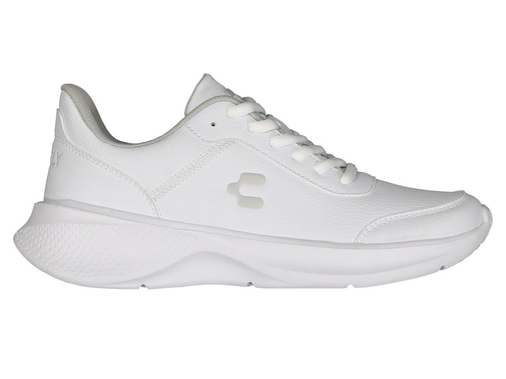 Par de tenis deportivos Charly color blanco con detalles en gris y suela blanca.
