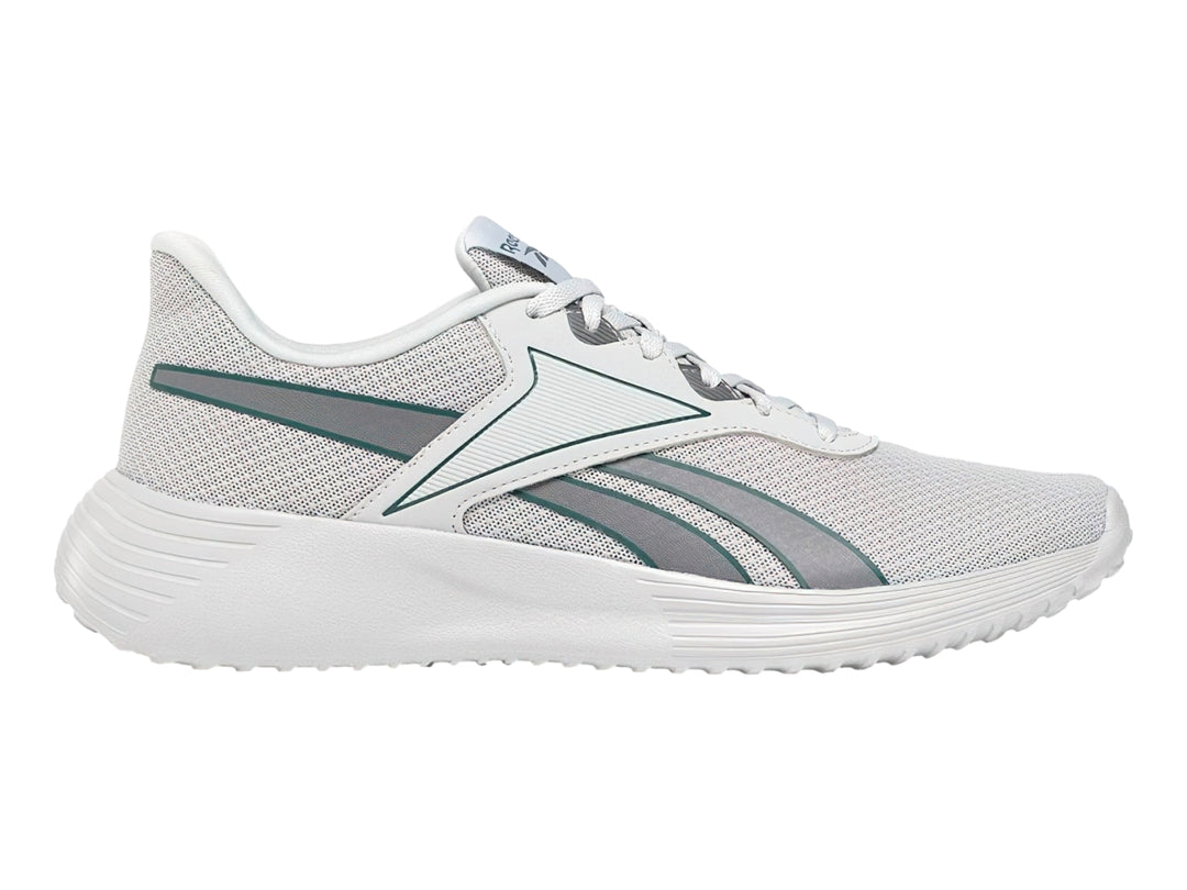 Tenis deportivos Reebok color gris con suela blanca y detalles en azul.