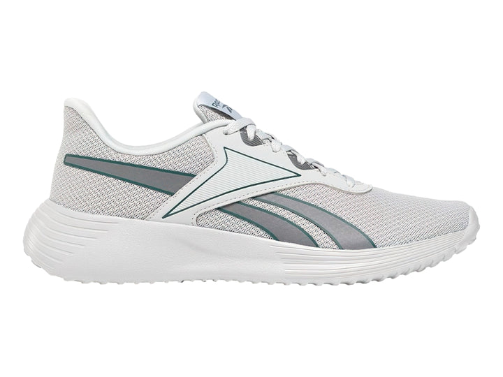 Tenis deportivos Reebok color gris con suela blanca y detalles en azul.