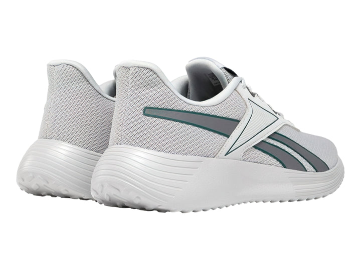 Tenis deportivos Reebok color gris con suela blanca y detalles en azul.