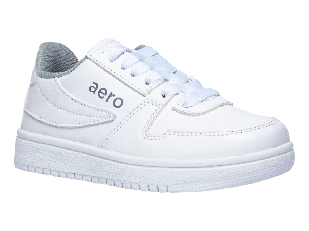 Tenis deportivos Aeropostale color blanco con detalles en gris y suela blanca.