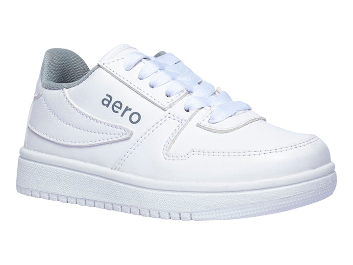Tenis deportivos Aeropostale color blanco con detalles en gris y suela blanca.