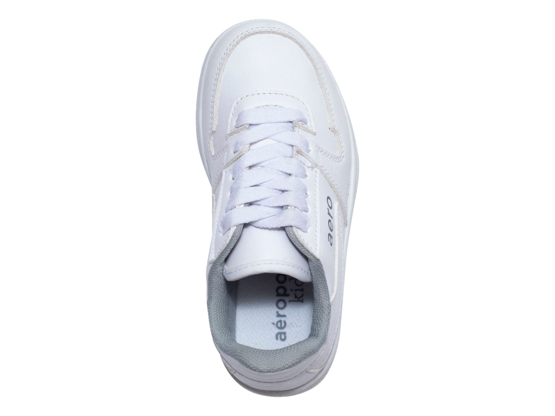 Tenis deportivos Aeropostale color blanco con detalles en gris y suela blanca.