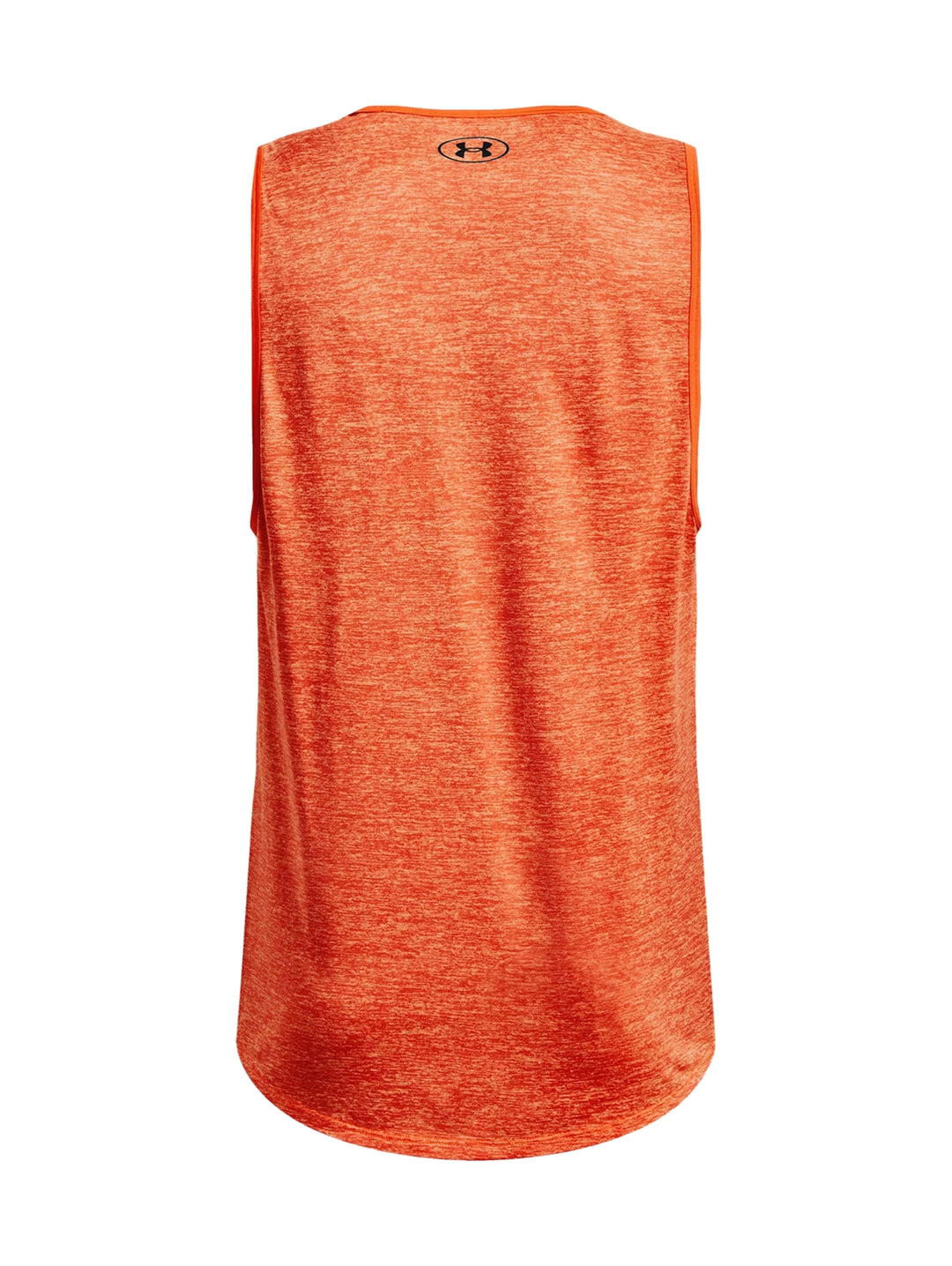 Hombre vistiendo una camiseta sin mangas Under Armour de color naranja con logo negro en el pecho.