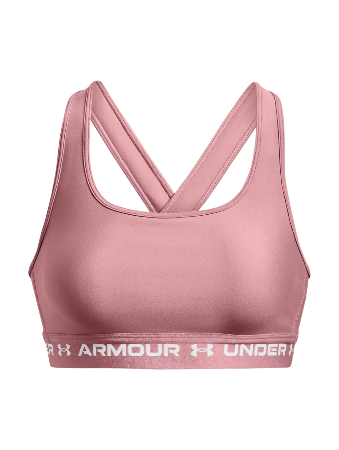 Mujer usando un bra deportivo color rosa de la marca Under Armour.