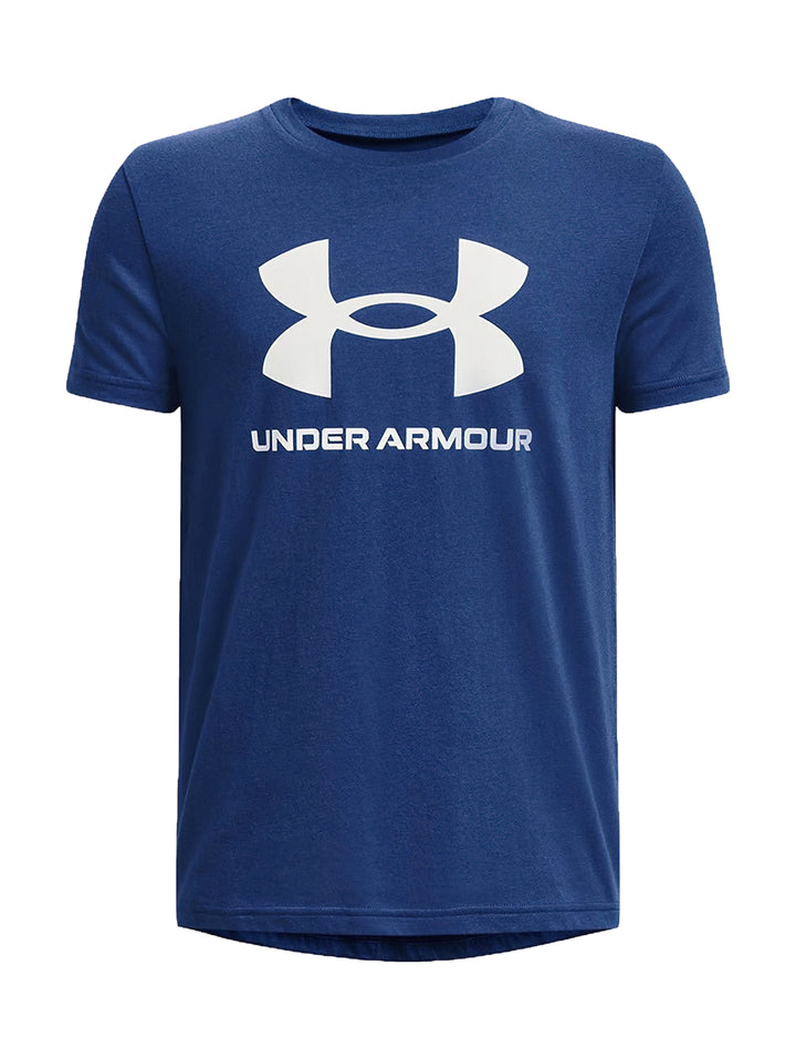 Camiseta deportiva azul de manga corta con logotipo blanco de Under Armour en el pecho.