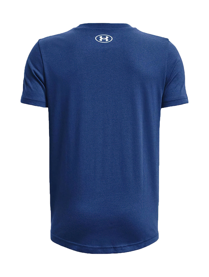 Camiseta deportiva azul de manga corta con logotipo blanco de Under Armour en el pecho.