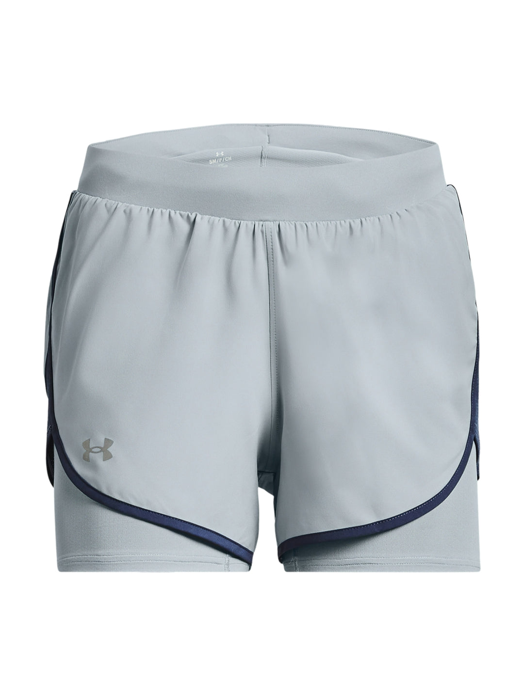 Shorts deportivos Under Armour color azul claro con ribete azul marino para mujer.