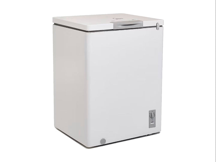 Congelador horizontal Midea de color blanco con tapa superior y control de temperatura frontal.
