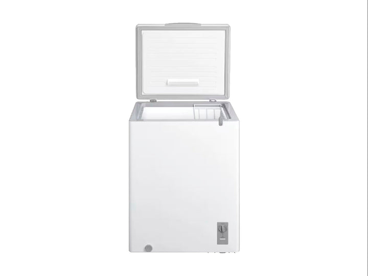 Congelador horizontal Midea de color blanco con tapa superior y control de temperatura frontal.