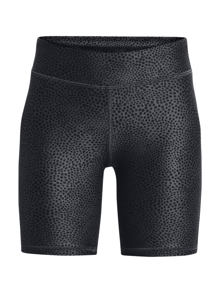 Shorts deportivos ajustados de color negro con un patrón moteado oscuro.
