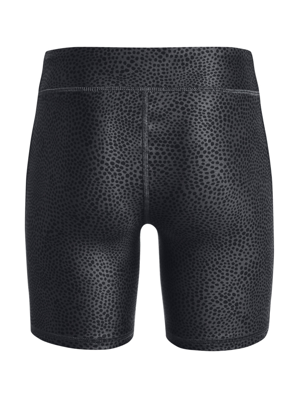 Shorts deportivos ajustados de color negro con un patrón moteado oscuro.
