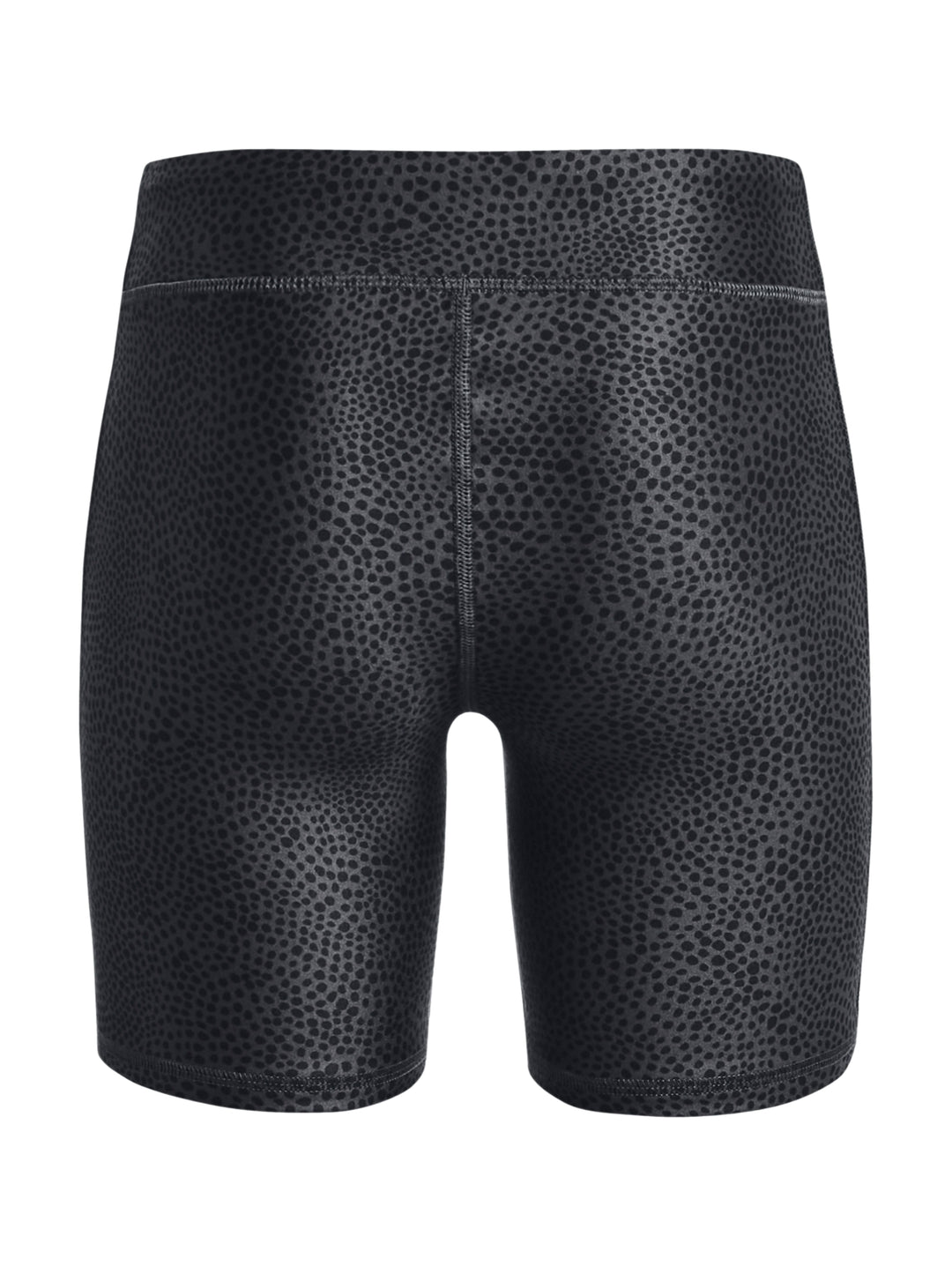 Shorts deportivos ajustados de color negro con un patrón moteado oscuro.