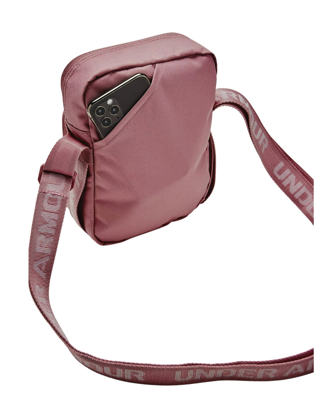 Bolso crossbody Under Armour color rosa con correa ajustable y logotipo blanco frontal.