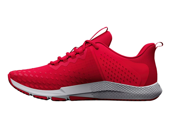 Tenis deportivos Under Armour color rojo con suela blanca y gris.