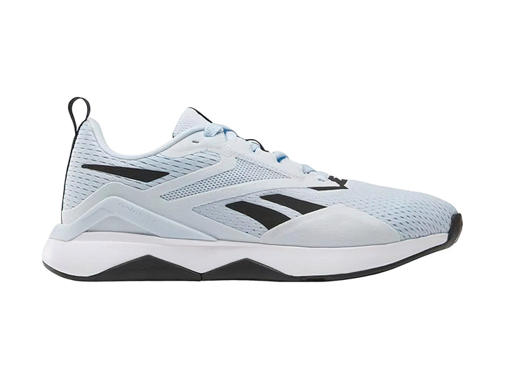 Tenis deportivos Reebok NanoFlex TR 2 en color azul claro con detalles en negro y suela blanca.