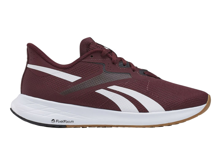 Tenis deportivos Reebok Energen Run 3 en color guinda con detalles en blanco y negro y suela blanca.