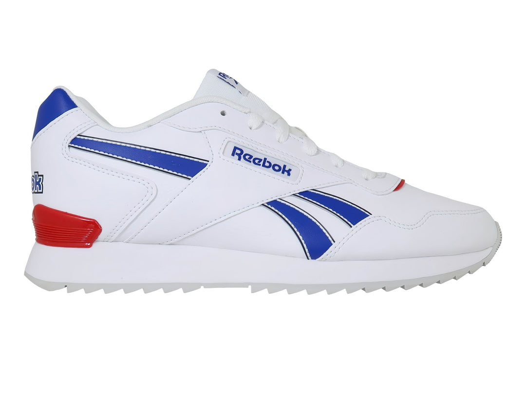 Tenis Reebok Glide Ripple Clip blancos con franjas azules y detalle rojo en el talón.