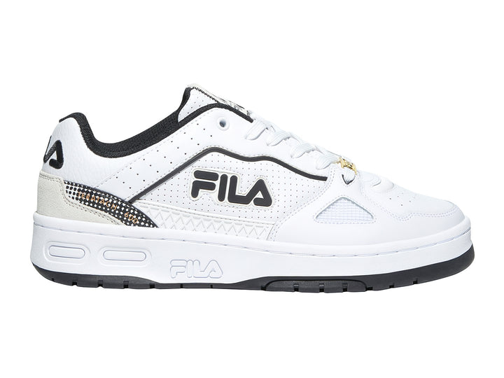 Tenis FILA Teratach 600 color blanco con detalles en negro y beige, vista lateral.