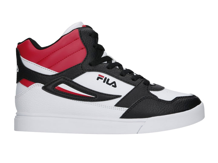 Tenis FILA de bota alta en colores blanco, negro y rojo.
