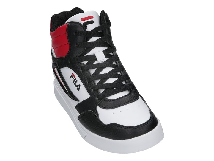 Tenis FILA de bota alta en colores blanco, negro y rojo.