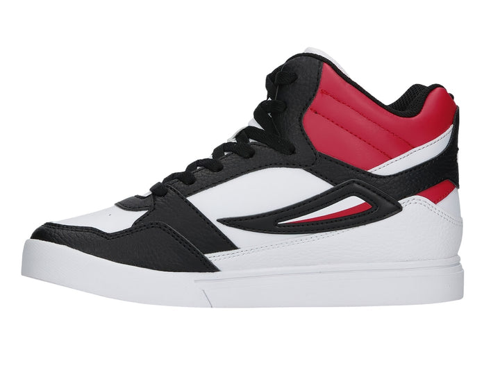Tenis FILA de bota alta en colores blanco, negro y rojo.