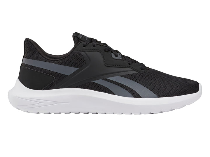 Tenis deportivos Reebok color negro con franjas grises y suela blanca.