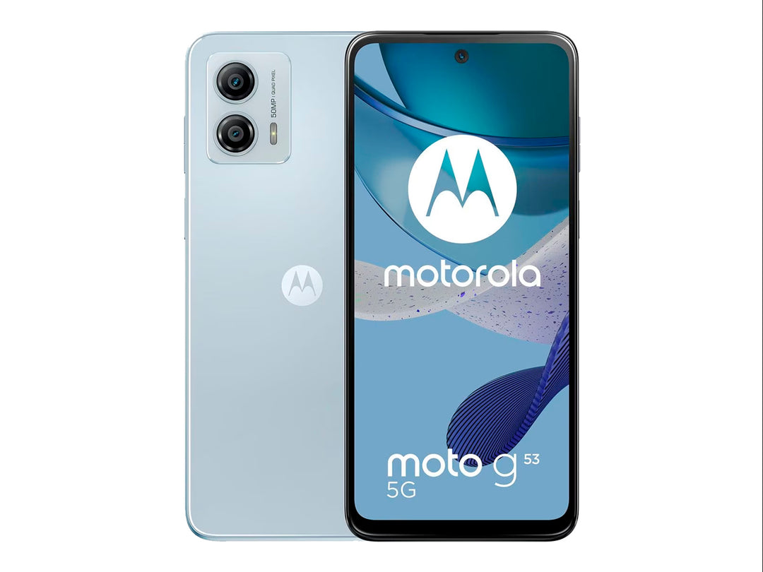 Teléfono inteligente Motorola Moto G53 5G en color plata, vista frontal y trasera sobre fondo blanco.