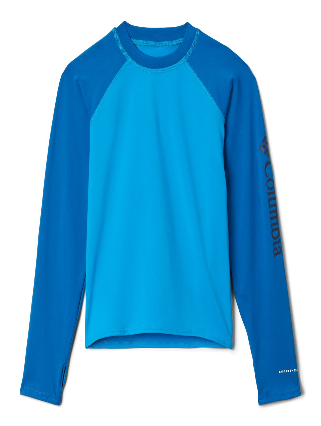 Camiseta de manga larga Columbia en colores azul claro y azul oscuro.