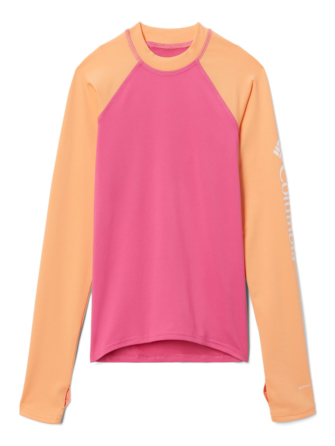 Camiseta de manga larga Columbia en colores rosa y naranja.