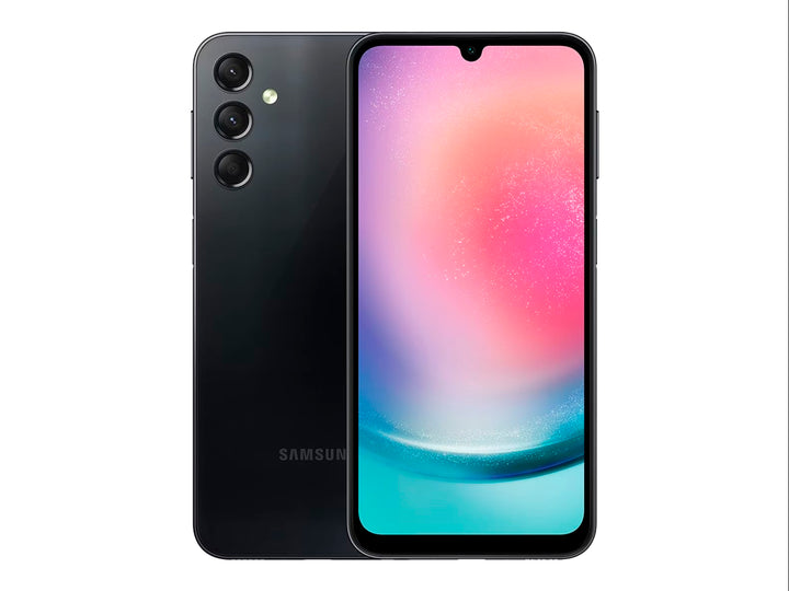 Smartphone Samsung Galaxy A24 color negro, vista frontal y posterior sobre fondo blanco.