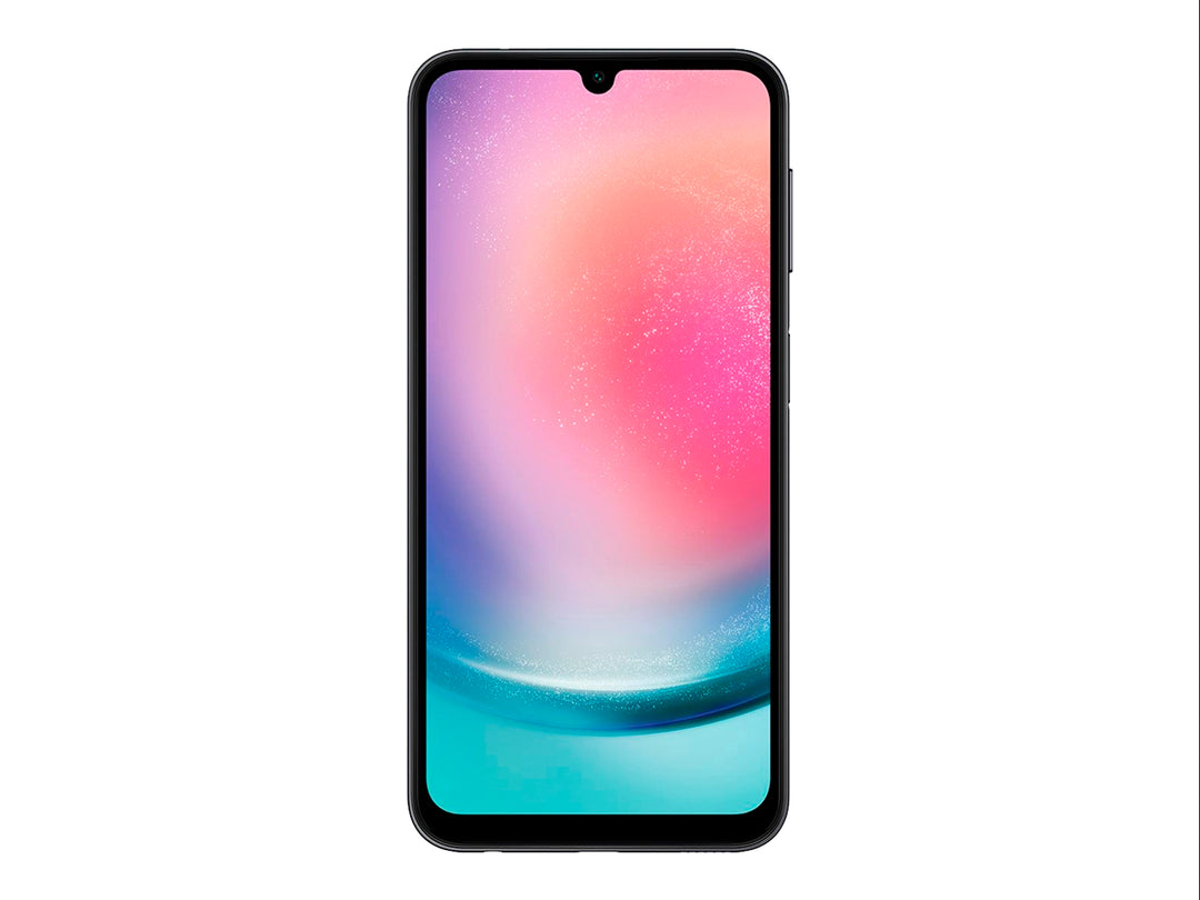Smartphone Samsung Galaxy A24 color negro, vista frontal y posterior sobre fondo blanco.