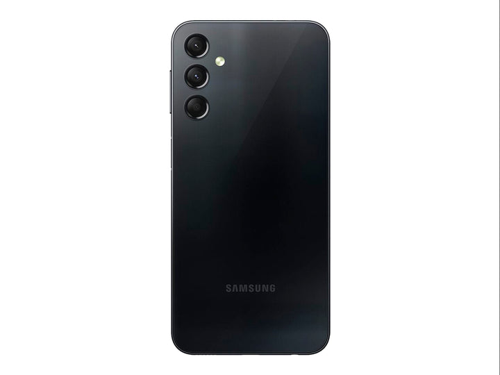 Smartphone Samsung Galaxy A24 color negro, vista frontal y posterior sobre fondo blanco.