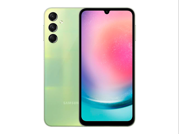 Teléfono inteligente Samsung Galaxy A24 en color verde, vista frontal y posterior sobre fondo blanco.