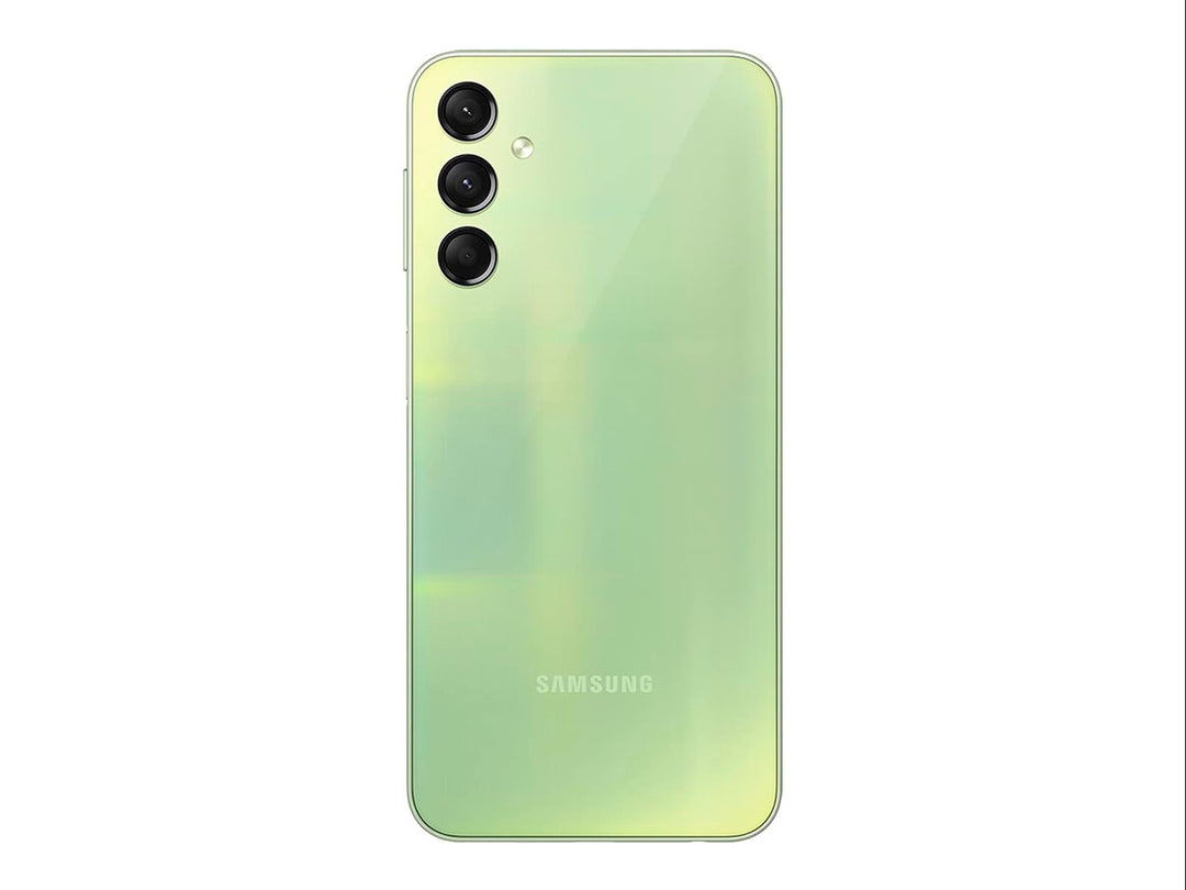Teléfono inteligente Samsung Galaxy A24 en color verde, vista frontal y posterior sobre fondo blanco.