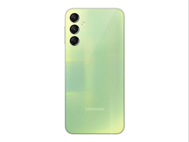 Teléfono inteligente Samsung Galaxy A24 en color verde, vista frontal y posterior sobre fondo blanco.