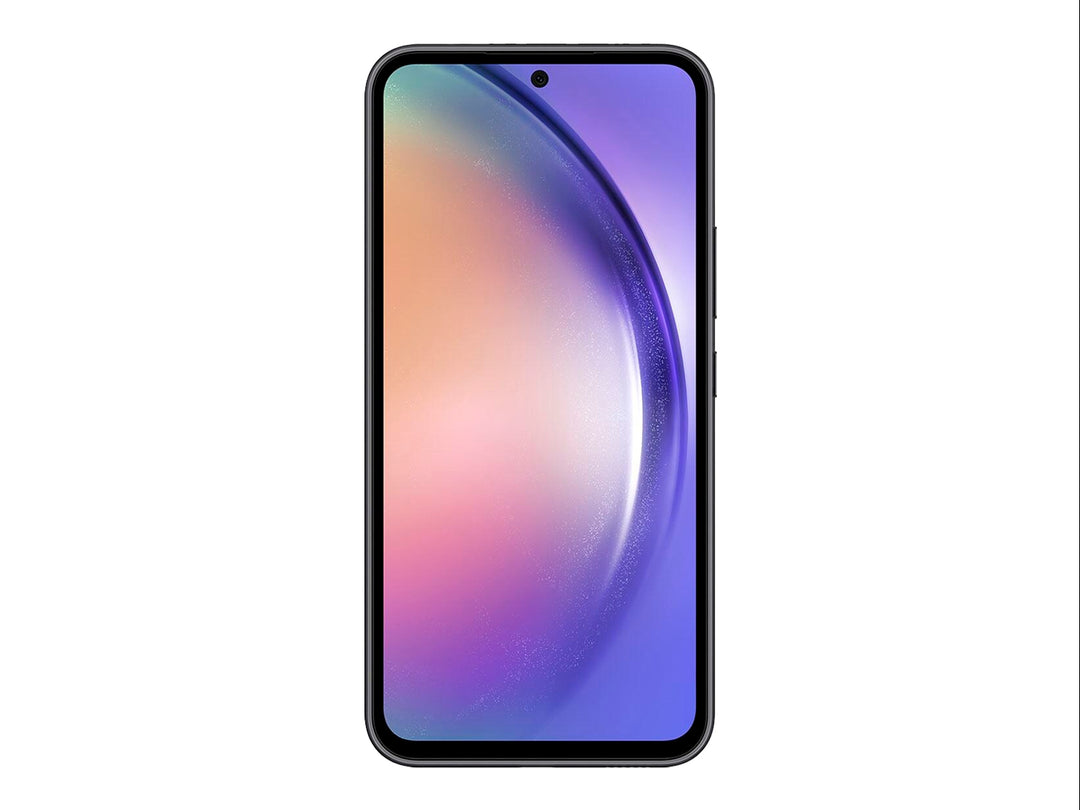 Smartphone Samsung Galaxy A54 5G en color grafito, vista frontal y posterior sobre fondo blanco.